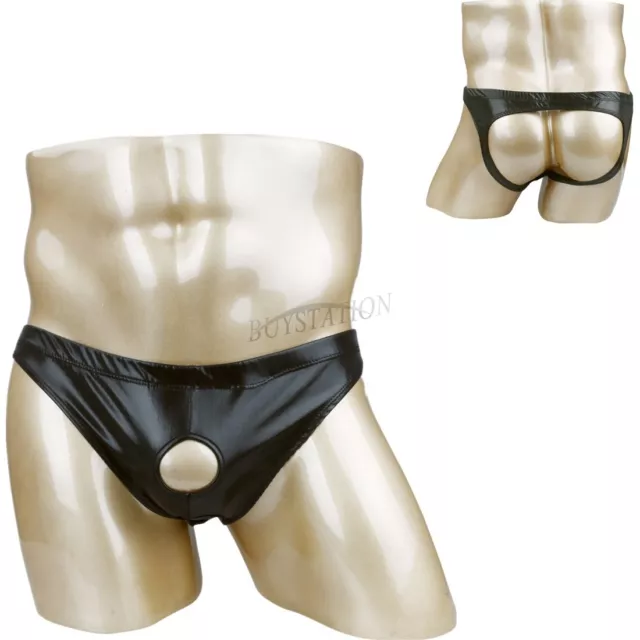 Sexy Herren Lack Leder Jockstrap Bikini Brief Unterwäsche Schritt Offen mit Loch