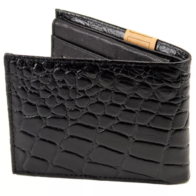 Black Croc Print Genuine Leather Mens Bifold Wallet New