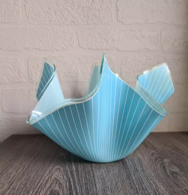 Large Size Turquoise and white striped Chance glass Handkerchief vase bowl
