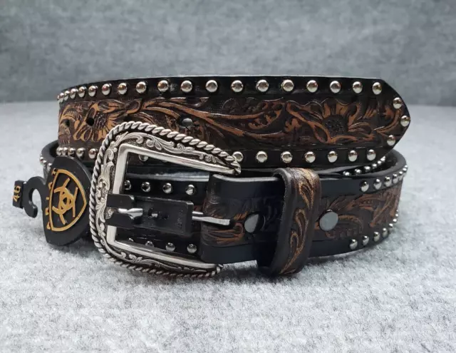 Ariat Mens Cowboy Western Belt Brown Leather Tooled Studded Silver Buckle 46