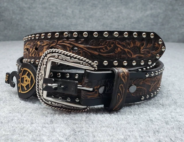 Ariat Mens Cowboy Western Belt Brown Leather Tooled Studded Silver Buckle 46
