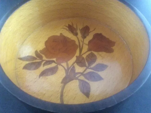 Superb Quality Vintage Inlaid Marquetry Footed Wooden Bowl Sorrento Ware Rose 2