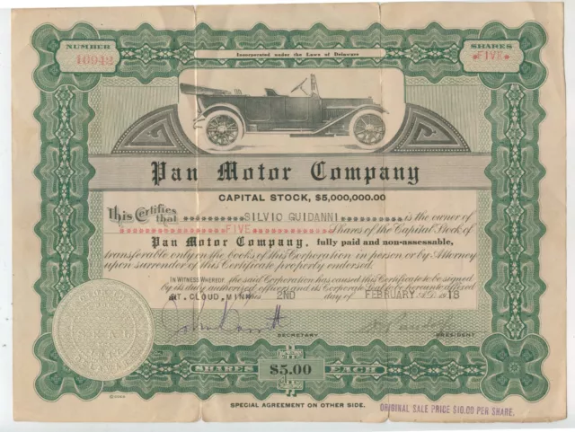 Pan Motor Company 1918 Stock Certificate Pandolfo- KR729