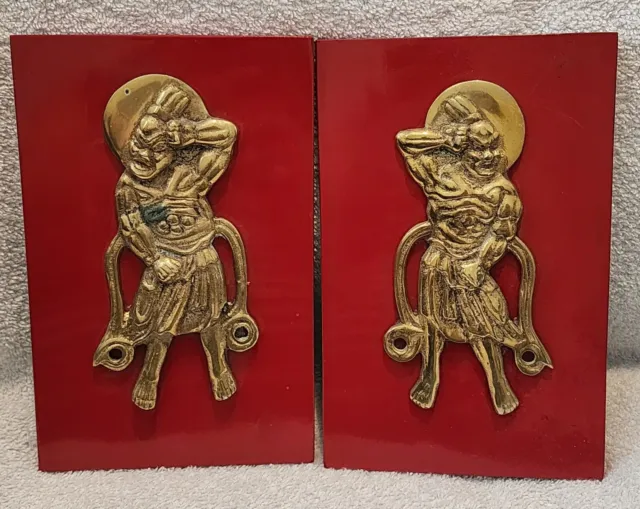 Set Of 2 Vintage Asian Japanese Bronze Figures Red Lacquer Wall Plaques~Menuki ?