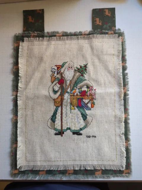 Vintage Crossed Stitched Wall Hanging - Christmas Santa Presents - Approx 11x13