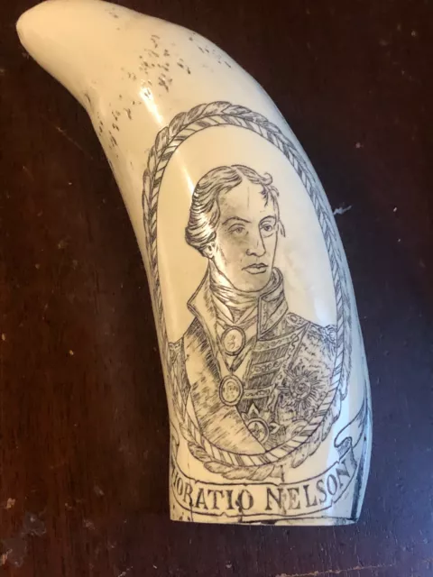 SCRIMSHAW  WHALE TOOTH RESIN  reproduction HORATIO NELSON HMS VICTORY