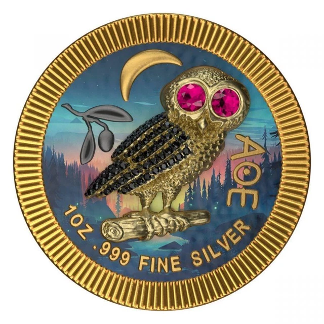 Niue 2021 2$ Athenian Owl -Gold in forest 1 Oz silber Münze+ Swarovski Crystals