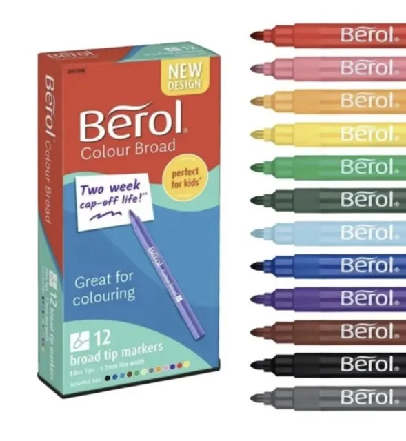 Berol Farbe breite Stifte verschiedene Farben 12er-Pack - waschbare Tinte - UK-Verkäufer