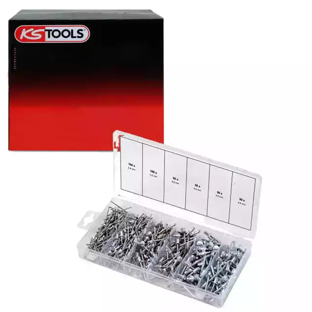 KS TOOLS REMACHES DE CORTE 400 piezas ALUMINIO/ACERO CABEZA PLANA REMACHES POP 2,4 - 4,8