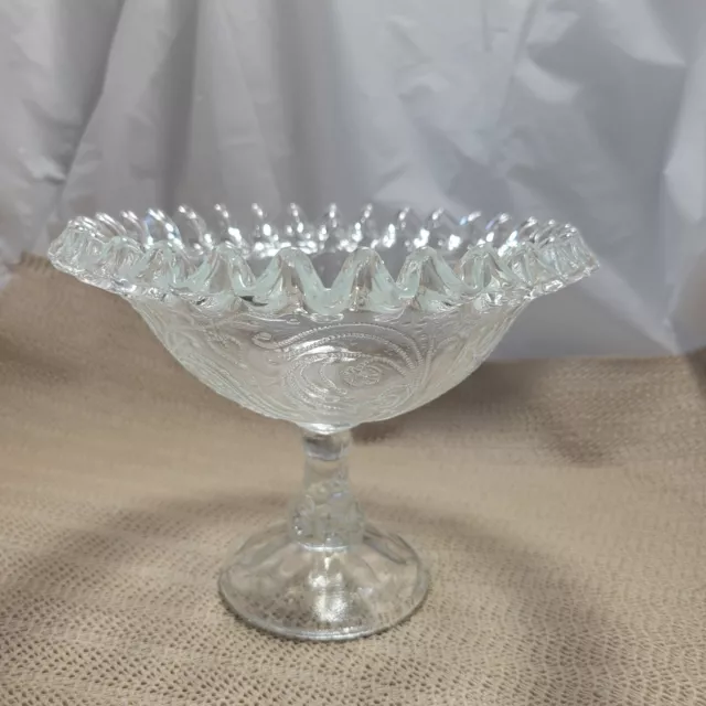 Depression Glass Candy Dish With Stand Ruffled Edge Beaded Design Mid Century