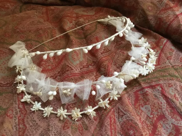 Antique French Wax Flower Wedding Headdress Bride Tiara 1920s Silk & Tulle Decor 2