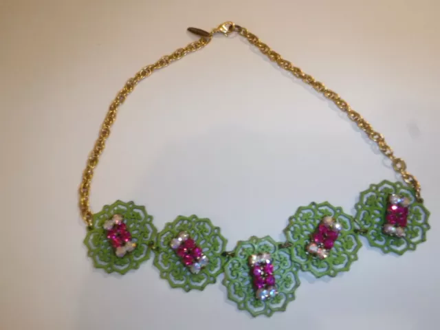 Vintage Lenora Dame Choker Necklace Green Enamel With Rhinestone Accents Signed