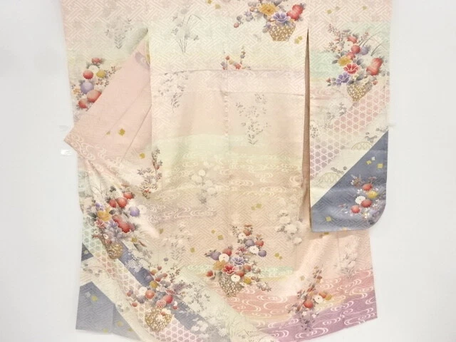82779# Japanese Kimono / Antique Furisode / Flower Vase With Floral Plants