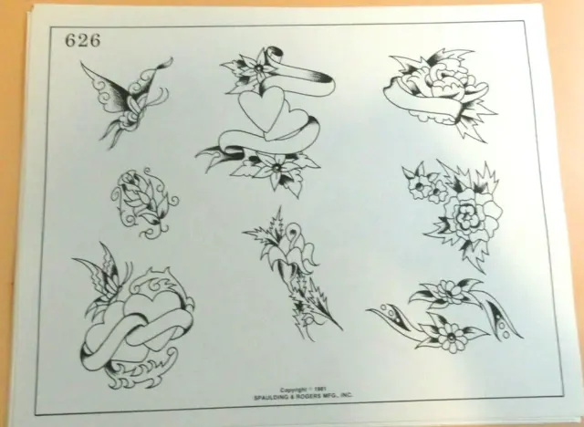 Vintage RARE 1981 Spaulding & Rogers Tattoo Flash Sheet #626 Hearts Flowers