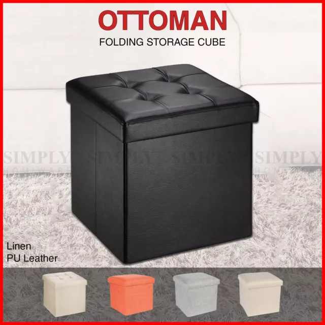 Folding Ottoman Storage Cube Footstool Stool Blanket Box Pouf Faux Leather Linen