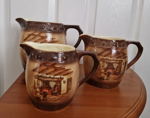 Set 3 Vintage Graduating Falcon Ware Jugs With The Country Scene Design On Each