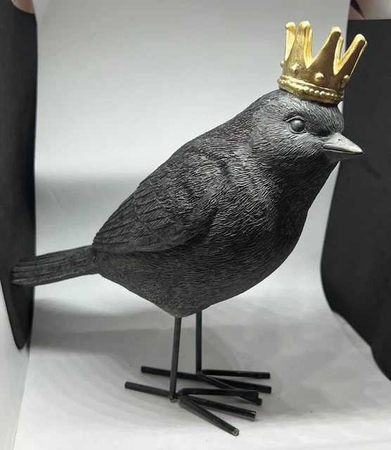 Royal King Queen Crow Raven Black Bird with Gold Crown Resin Figure 7-8 inches