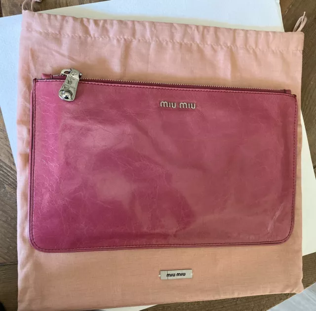 MIU MIU VITELLO LUX Flat Leather Clutch ~ PEONIA Pink ~ Italy ~ SAKS FIFTH AVE