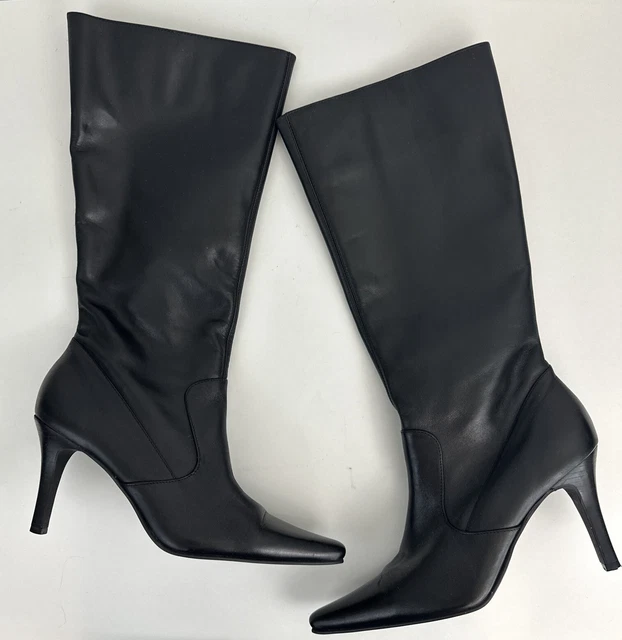 Hillard & Hanson Black Leather Calf High Heels Boots Pointed Toe  7M READ S2
