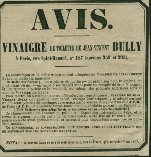 Document ancien vinaigre de toilette Jean-Vincent Bully 1856 issu de magazine
