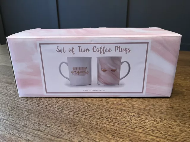 Hello Gorgeous Sally Beauty Set Of 2 Coffee Mugs Eyelashes Pink Gold- New In Box