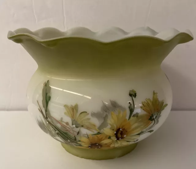 VTG GWTW Hurricane Lamp Shade Daisy Green Yellow Milk Glass 3.75" Fitter #1