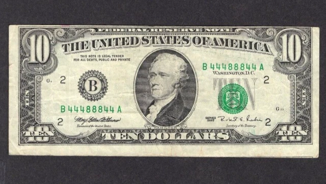 1995 $10 Ten Dollar Bill Cutting Error S480