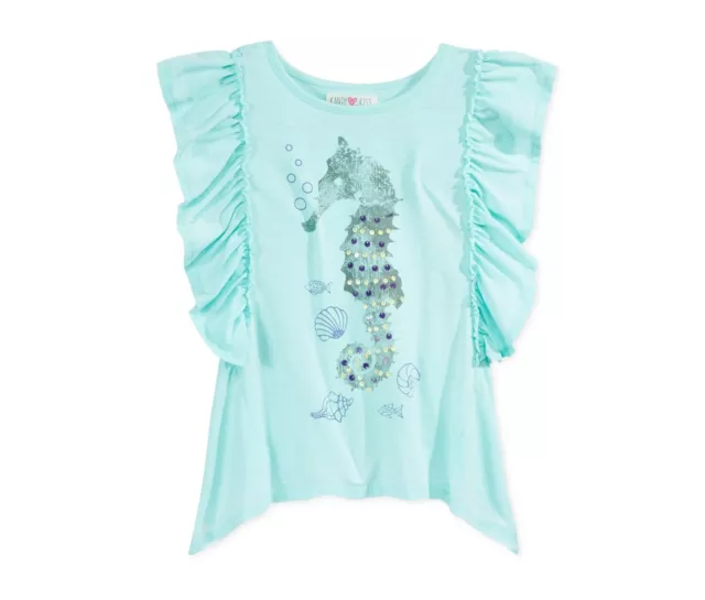 Kandy Kiss Girls Seahorse Ruffle Sleeve T-Shirt Aqua X-Large