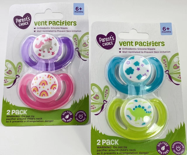 Vented Pacifiers FOUR (4) 6+ Month BPA Free Unicorn/Rainbow & Dinosaur/Sky NEW