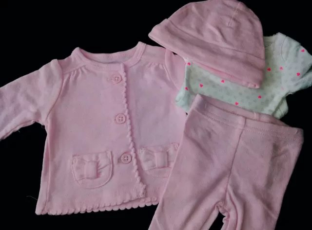 NWT Preemie girl Pink/White with Hearts 4-Piece Set outfit by Precious Firsts.