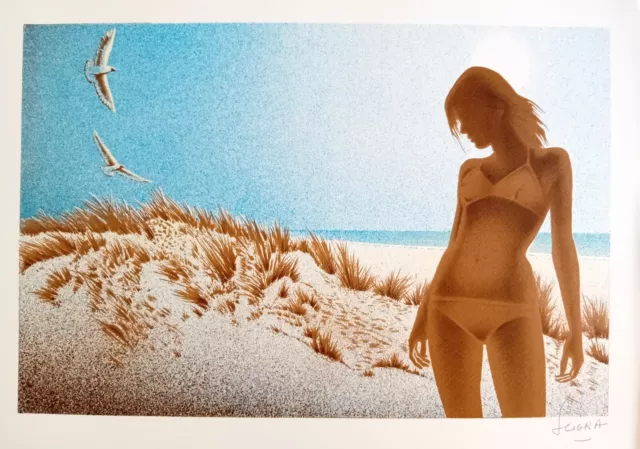 Lithographie de Daniel SCIORA " Femme à la Plage" signée 1979 Jacques Brel