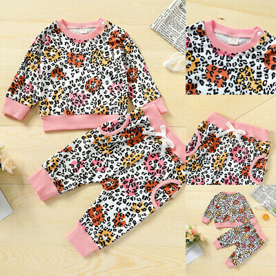 Newborn Kids Baby Girls Hooded Long Sleeve Tops Pants Leopard Tracksuit Outfit