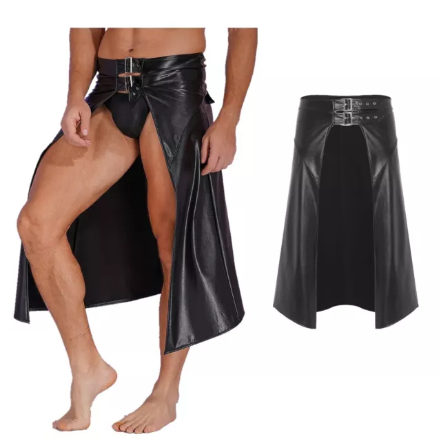 Mens PU Leather Open Front Gothic Punk Skirts Gladiator Kilt Cosplay Costume