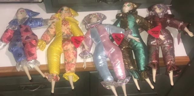 Vintage Harlequin Clown Mardi Gras Jester Sugar Loaf Lot Of 5 Dolls 16" to 17"