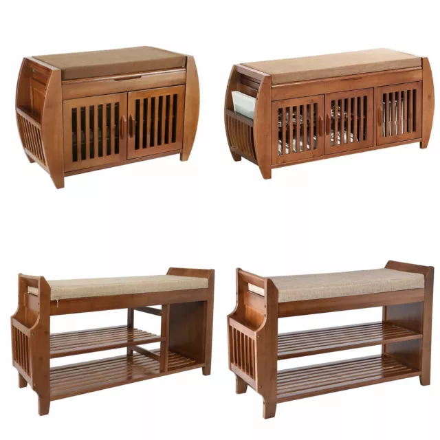 2 Tier Shoe Rack Bench Storage Organizer Bamboo w/ Removable Cushion Shelf Home