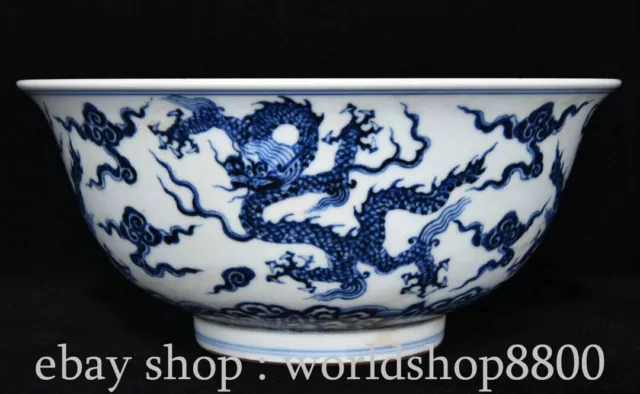 8.9"Old Chinese Xuande Marked Palace Blue White Porcelain Dragon Bowl Teacup Cup