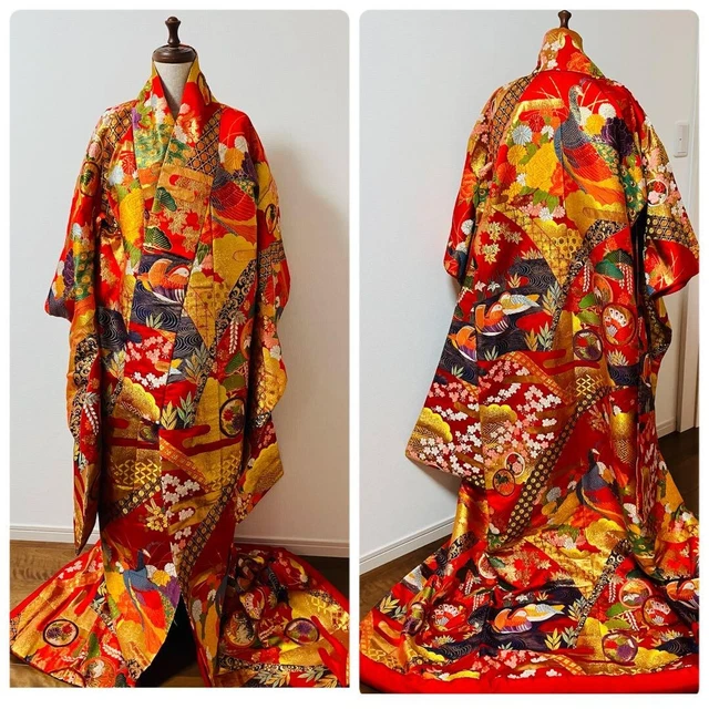 Japanese Silk Kimono Robe Uchikake Wedding Embroidery Gold Red Antique U28