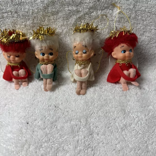 Vintage Rubber Face/Tulle Pixie Angel Christmas Ornaments Lot 4 Japan T53