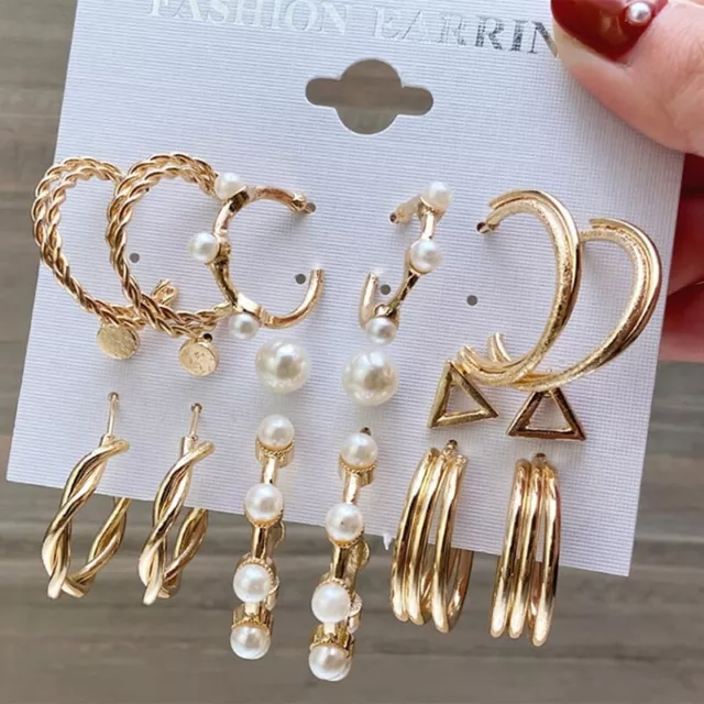 Moda Retro Pendientes Color Oro: Juego de 9 Pares de Pendientes de Aro para Mujer