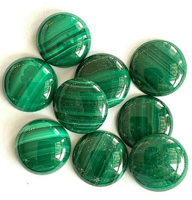 8 Large Genuine Malachite Stone Cabs - 18mm Round Cabochons - Vintage Stock