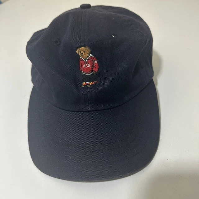 Vtg Polo Bear Ralph Lauren Baseball Cap Strap back Hat 90s Navy Blue