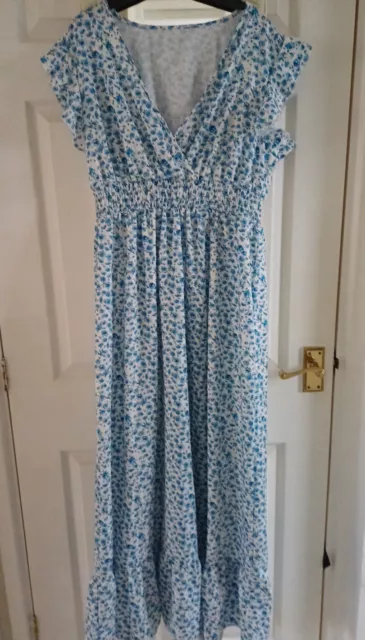 Gorgeous Ditsy Blue White Floral Flattering Shirred Waist Maxi Dress XL 16