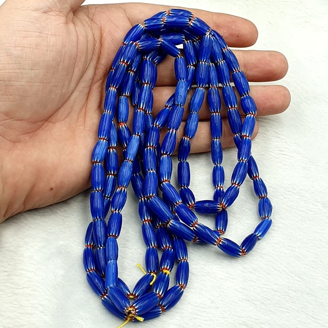 3 Vintage BLUE Chevron Beads Venetian African Style 13.5mmx7mm Beads Long Strand