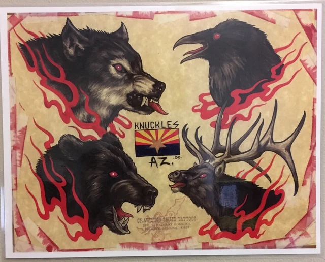 Tattoo Flash Single Sheet Print by Johnny Braden Wolf Elk Bear Crow 11” X 14”