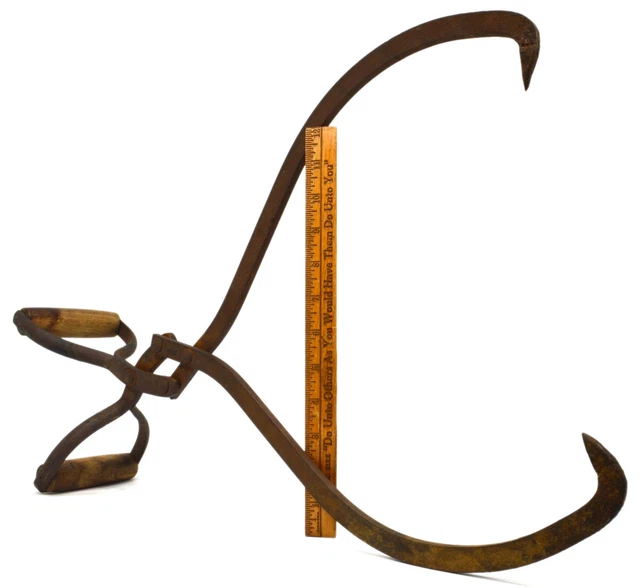 Antique IRON ICE TONGS Fire/Log BLACKSMITH Barn/Farm PRIMITIVE GRABBER TOOL Rare