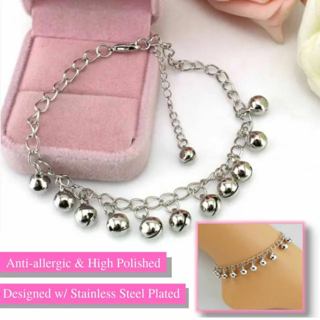 High Polished Silver Bells Tassel Foot Chain Shiny Ball Beads Anklet Bracelet