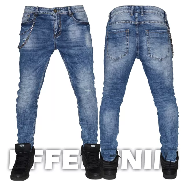 Jeans Uomo Denim Pantaloni Blu cielo Slim elasticizzati con catena Nuovo 258