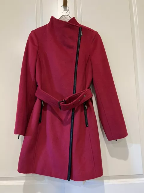 Michael Kors Wool Blend Asymmetrical Belted Coat Faux Leather Trim.  Retail $350 2