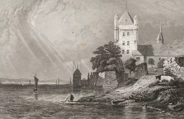 Burg Eltville am Rhein, Stahlstich Romantik Landschaft Unbekannt (19.Jhd)