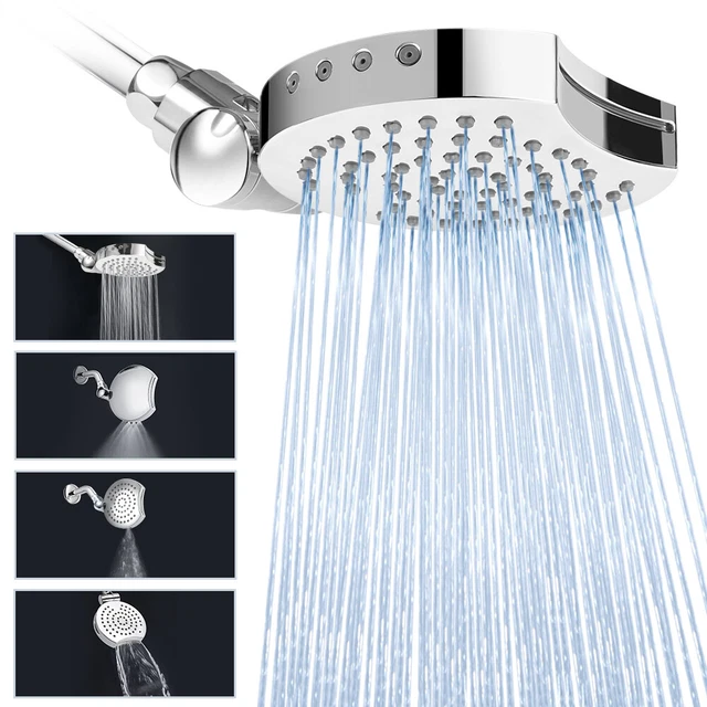 4 Settings Rain Shower Head 6'' Rainfall Showehead Adjustable 360 Degrees Chrome
